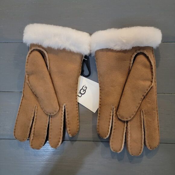 UGG Australia Women perforated Genuine Shearling Handmade Chestnut Gloves Large - Picture 5 of 12